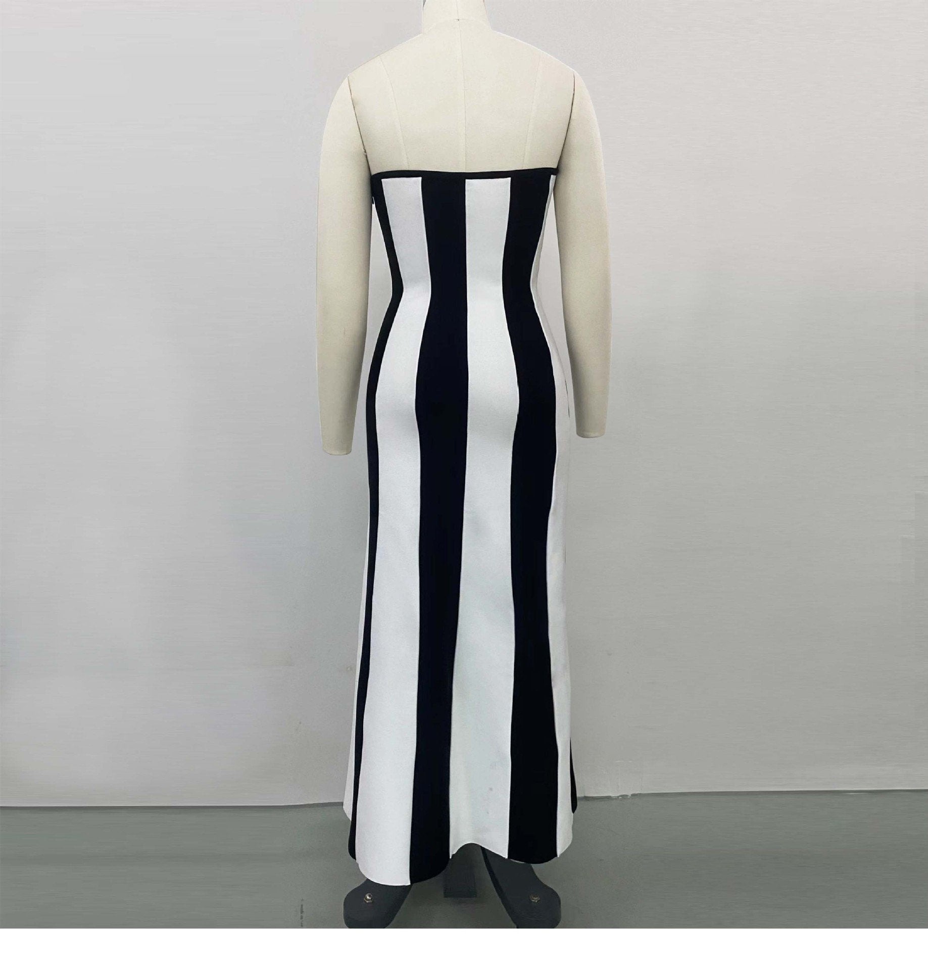 JazzHer Strapless Bandage Dress Women's Hepburn Chest Wrap Skirt Black And White Striped High-end Banquet Dress Daily Wear