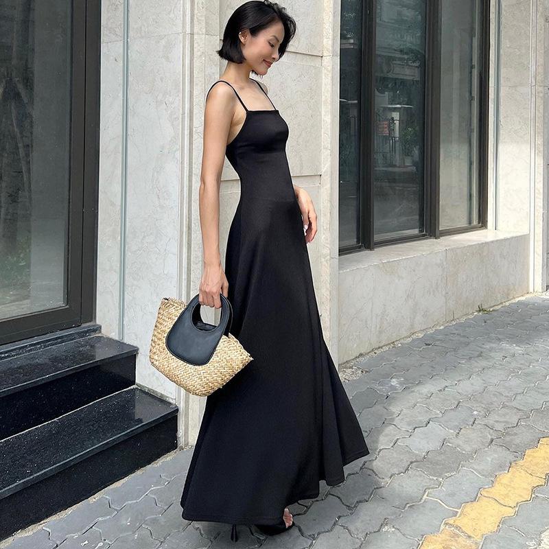 JazzHer Ins Style Hot-selling Elegant All-match Solid Color Street Style Sling Loose Large Swing Skirt Casual Dress Women