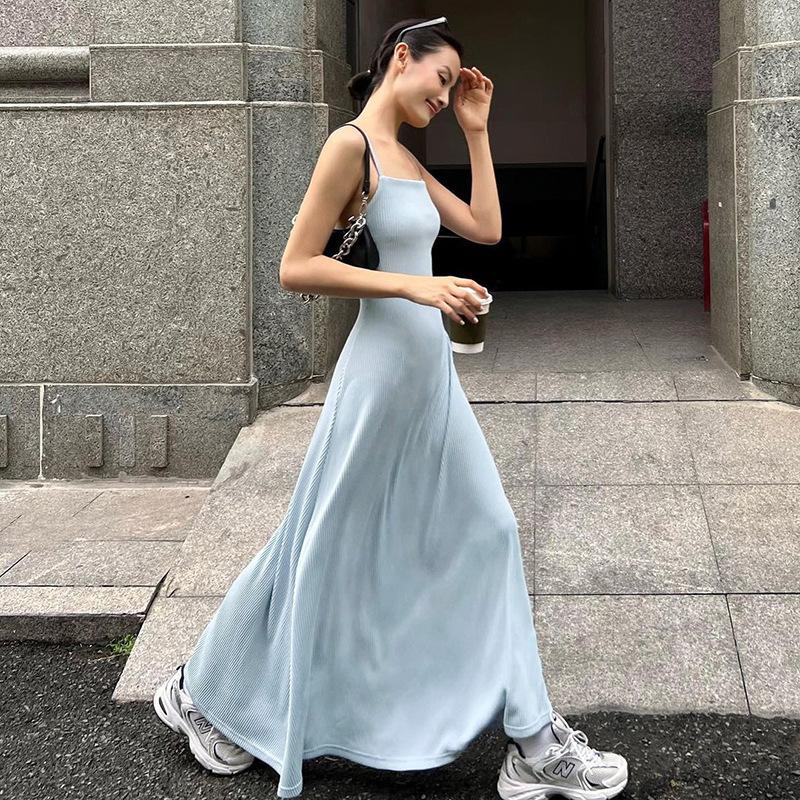 JazzHer Ins Style Hot-selling Elegant All-match Solid Color Street Style Sling Loose Large Swing Skirt Casual Dress Women