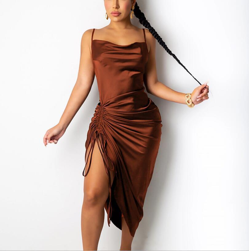 JazzHer 2024 Summer New Women's Sexy Backless Lace-up Fold Split Pleated Suspender Long Dress Dress