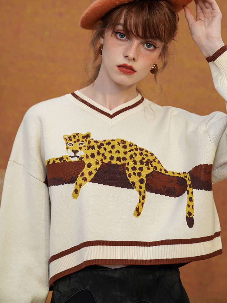 JazzHer 2024 Fall Fashion A Leopard Knit Sweatshirt That Stays On The Tree