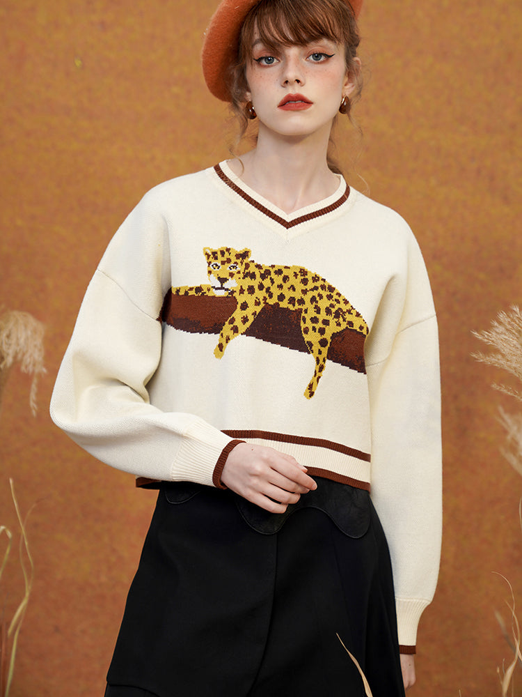 JazzHer 2024 Fall Fashion A Leopard Knit Sweatshirt That Stays On The Tree