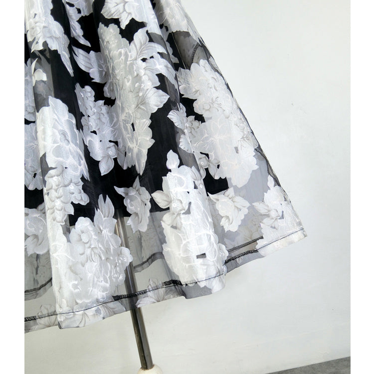 Jazzher Black And White Floral Embroidery Hepburn Skirt