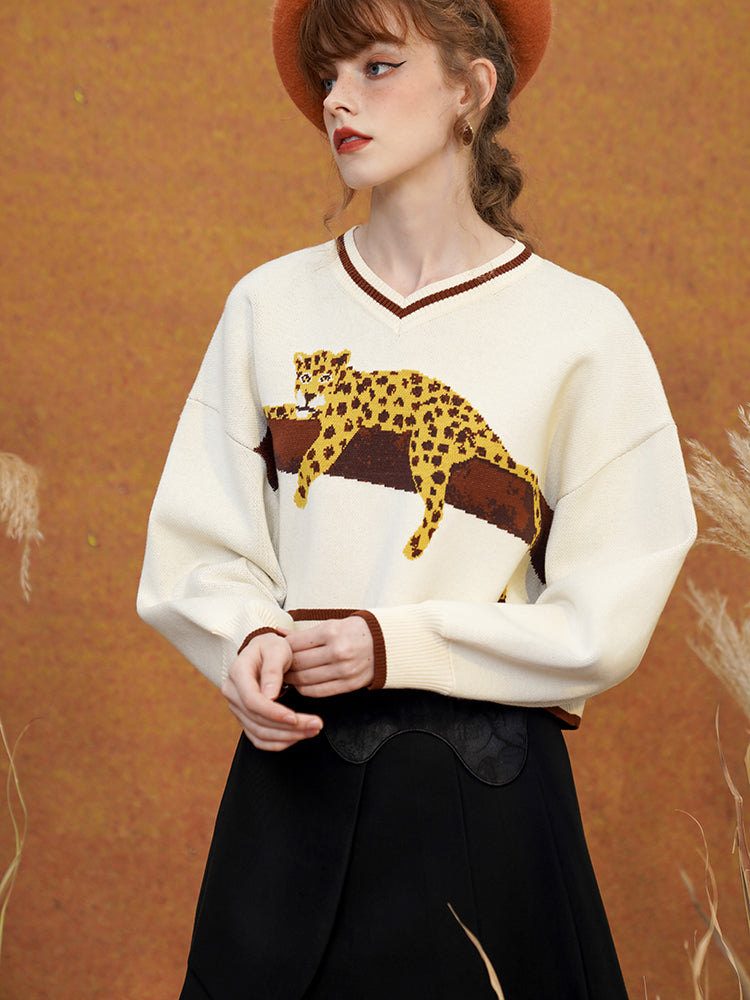 JazzHer 2024 Fall Fashion A Leopard Knit Sweatshirt That Stays On The Tree