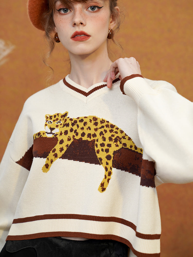 JazzHer 2024 Fall Fashion A Leopard Knit Sweatshirt That Stays On The Tree