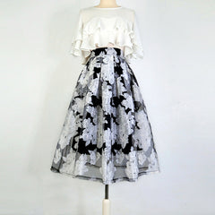 Jazzher Black And White Floral Embroidery Hepburn Skirt