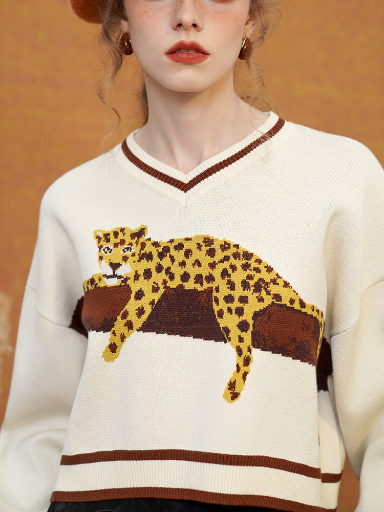 JazzHer 2024 Fall Fashion A Leopard Knit Sweatshirt That Stays On The Tree