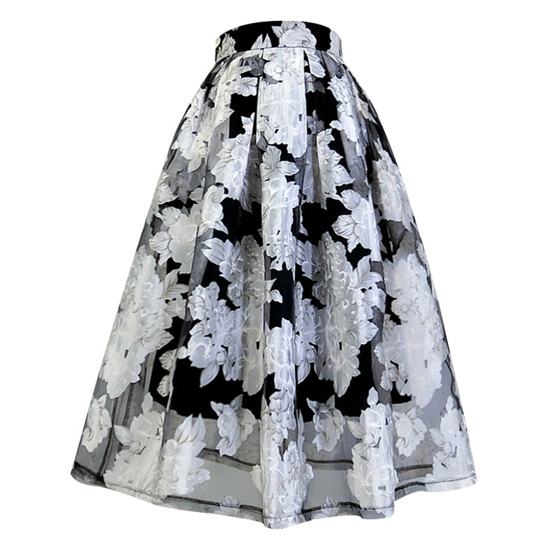 Jazzher Black And White Floral Embroidery Hepburn Skirt