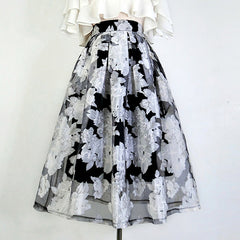 Jazzher Black And White Floral Embroidery Hepburn Skirt