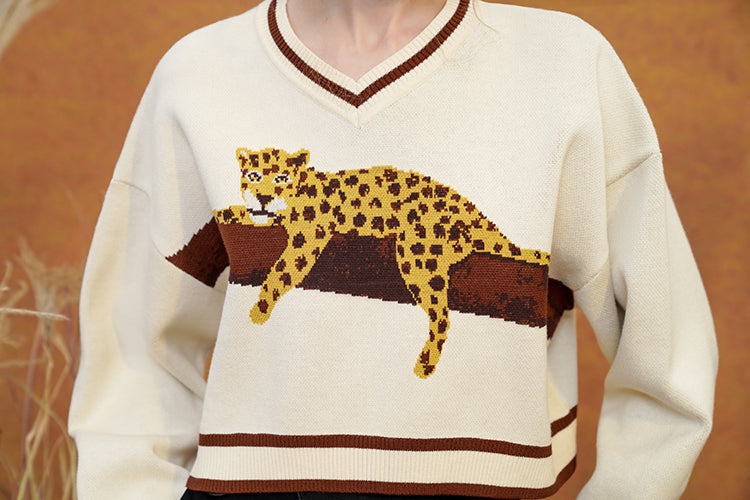 JazzHer 2024 Fall Fashion A Leopard Knit Sweatshirt That Stays On The Tree