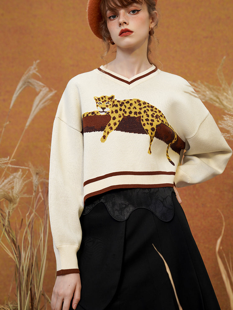 JazzHer 2024 Fall Fashion A Leopard Knit Sweatshirt That Stays On The Tree