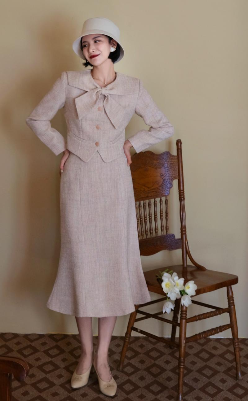 JazzHer 2024 Fall Fashion Pale Pink Lady Tweed Jacket And Mermaid Skirt