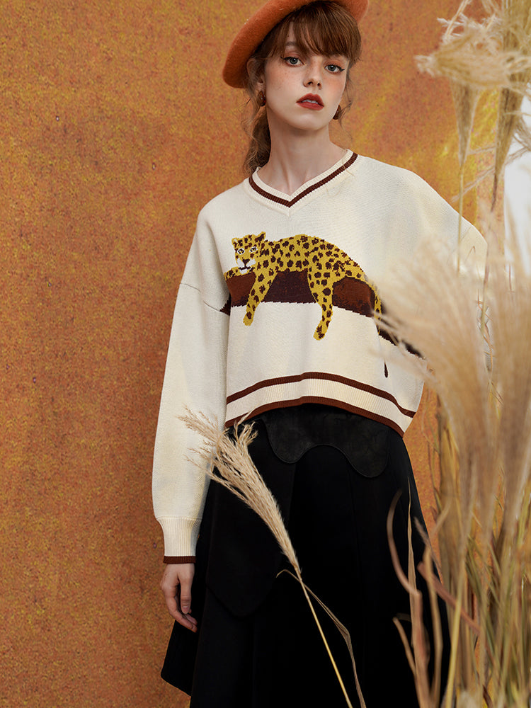 JazzHer 2024 Fall Fashion A Leopard Knit Sweatshirt That Stays On The Tree