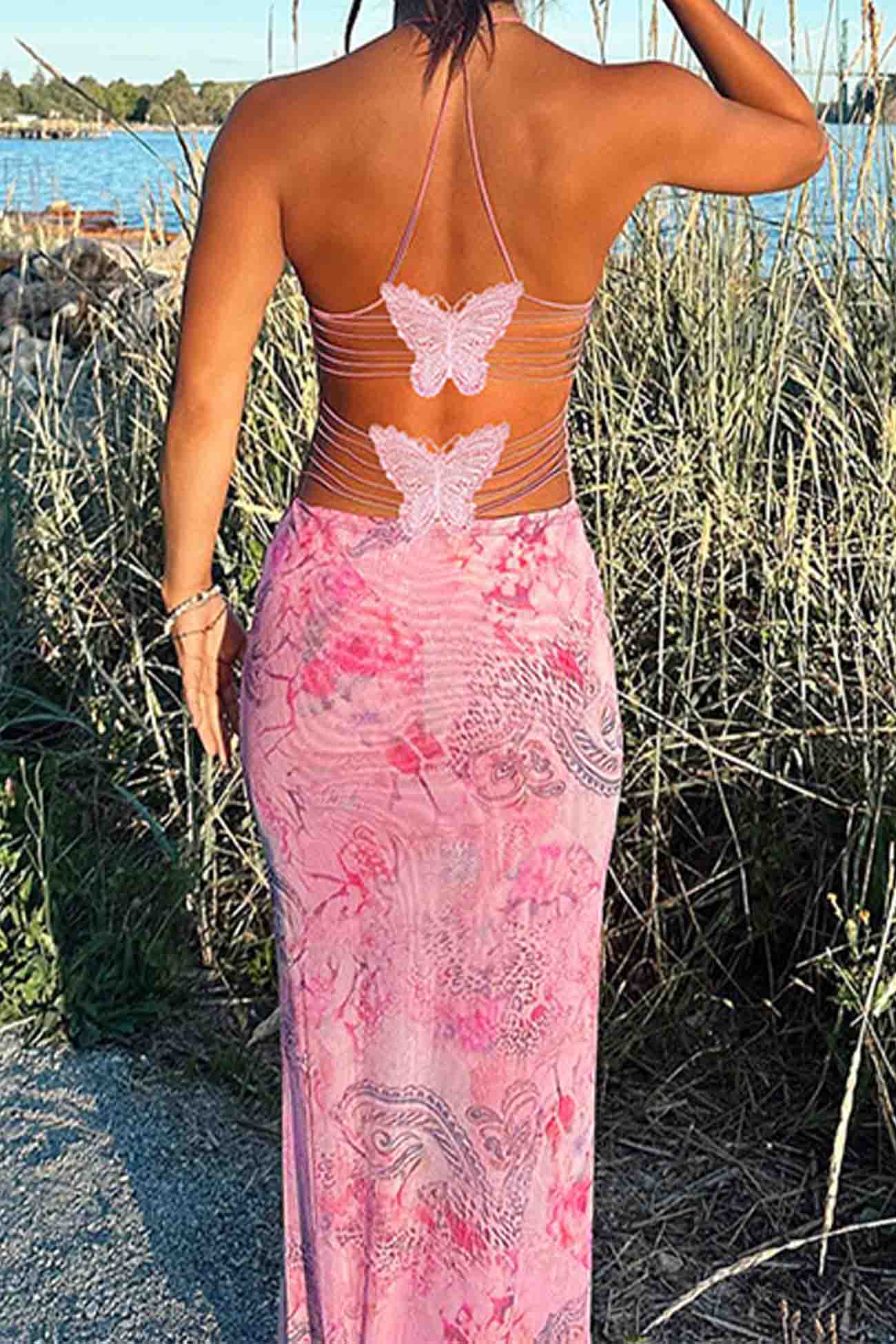 JazzHer Halterneck Butterfly Backless Midi Dress